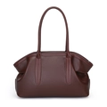 Classic burgundy lychee textured leather tote bag with elegant side gussets and long straps - Brown
