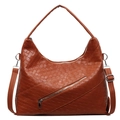 Caramel brown woven hobo tote bag with diagonal zipper detail and crossbody strap - Yellow Brown