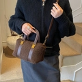 Retro plush mini Boston bag in dark brown faux shearling with leather straps - Brown