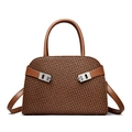 Braune Handtasche mit Webmuster, Ledergriffen und silbernen Metallschnallen - Gelbbraun