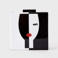 Detail of artistic acrylic evening bag with abstract face silhouette and glossy finish - Black