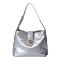 Silver metallic tote bag with pleated texture and adjustable strap on white background - Silver