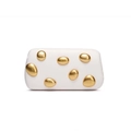 White minimalist clutch bag with pebble-shaped gold metal accents for evening wear - Milky White