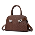 Brown woven texture handbag with double top handles and silver metal Gancini buckles - Dark Brown