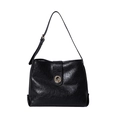 Minimalist black tote bag with polished PU leather and circular metal buckle detail - Black