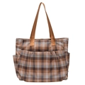 Borsa tote capiente in tela a scacchi marrone e grigia con manici resistenti in nylon - Marrone Giallastro