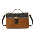 Brown and black quilted crossbody box bag with gold metal hardware and top handle - Brown