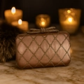 Champagne satin evening clutch with diamond lattice pattern and rhinestone bow clasp - Nude (Skin Tone)
