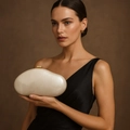 Elegant bean-shaped acrylic evening clutch bag with marble texture and gold clasp - Shell Color
