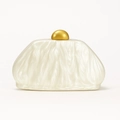 Elegant pearl white shell acrylic clutch with marble texture and golden sphere clasp - Milky White