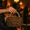 Leopard print clutch bag with gold chunky chain handle for evening gala party - Leopard Coffee