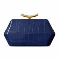 Detailed view of dark blue crocodile pattern evening bag with gold crescent metal buckle - Dark Blue