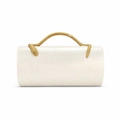 White cylindrical PU leather clutch bag with golden snake handle for elegant evening wear - Milky White