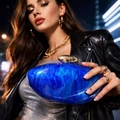 Blue marble acrylic clutch bag with gold stone clasp held against city lights - Deep Blue Marble Pattern (AB00021) / Blue