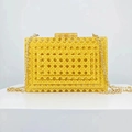 Bright yellow woven acrylic clutch bag with a square buckle and golden metal chain strap - Yellow (With Gold Chain)