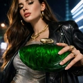 Detailed view of deep green marble acrylic clutch with elegant golden twist clasp - Dark Green