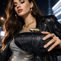 Macro detail of marble pattern acrylic clutch with golden egg-shaped metal clasp - Black