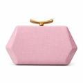 Detail of pink crocodile embossed hexagonal clutch with elegant gold metal handle - Pink