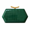 Detail view of dark green crocodile texture handbag with gold crescent handle - Dark Green