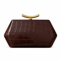 Detail of dark brown crocodile-embossed bag with unique geometric shape and gold handle - Coffee
