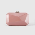 Detail of pink geometric faceted evening clutch with gold metal snap closure - Peach