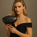 Elegant black marble texture acrylic clutch bag with gold spherical metal clasp - Bright Black