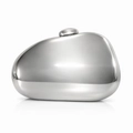 Silver pebble shaped evening clutch with mirror finish metal and snap closure on white - Silver