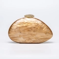 Detailed close-up of marble texture acrylic shell clutch with gold beaded metal clasp - Coffee