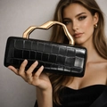 Elegant black faux crocodile skin handbag with wavy gold metal handle for women - Black