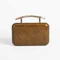 Elegant olive green evening clutch bag with glossy pleated finish and gold handle - Dark Brown
