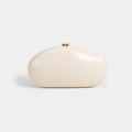 Close-up of beige pebble-shaped evening clutch with pleated texture and gold metal clasp - White