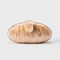 Macro shot of elegant champagne marble texture and gold textured clasp on acrylic clutch - Coffee
