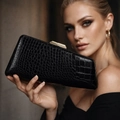 Pochette de soirée élégante en PU noir motif serpent avec fermoir doré pour femme - Motif crocodile / Noir