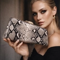 Elegant black and white snake print evening clutch bag with gold metal frame for women - Snake Print / Gray
