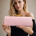 Pink PU crocodile pattern baguette bag with a stylish curved gold metal buckle - Pink