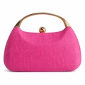 Close-up of woven fuchsia evening bag with polished gold metal handle and round clasp - Rose Red