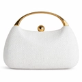Detail shot of white woven dinner clutch bag with gold metallic handle and ball lock - White