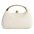Close-up of cream woven clutch bag featuring a gold semi-circle handle and spherical clasp - Milky White