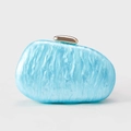 Detail of light blue marble acrylic shell clutch with gold mirror finish clasp closure - Sky Blue