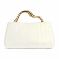 Detail view of white PU leather handbag with elegant wavy gold metal handle - Sparkling White
