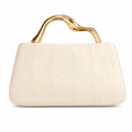 Chic beige trapezoid PU handbag with unique gold wavy metal handle and vertical textures - Apricot