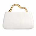 Elegant white leather evening handbag with artistic wavy gold metal handle for women - White