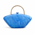 Detail of blue marble acrylic evening clutch featuring a round gold metal handle - Royal Blue Marble