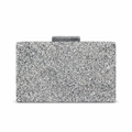 Elegant silver box clutch evening bag with glitter texture and metallic snap closure - Silver