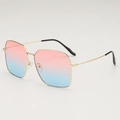 Oversized square metal sunglasses with gold frame and pink to blue gradient lenses - Gold Frame Pink Blue Lens