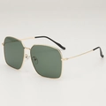 Oversized square sunglasses with gold metal frame and dark green lenses at 45-degree angle - Gold Frame Green