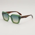 Retro geometric green sunglasses with leopard temples and gradient lenses shown in a side view - Green Frame Blue Yellow Gradient
