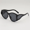 Oversized punk style sunglasses in black with unique cutout flame wing frame design - Black Frame Grey Lens