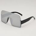 Oversize silver mirrored visor sunglasses with black frame and decorative metal rivets - Black Frame Silver Mirror