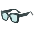 Stylish square dark green sunglasses with light blue lenses shown at a 45-degree angle - Dark Green Frame Green Lens